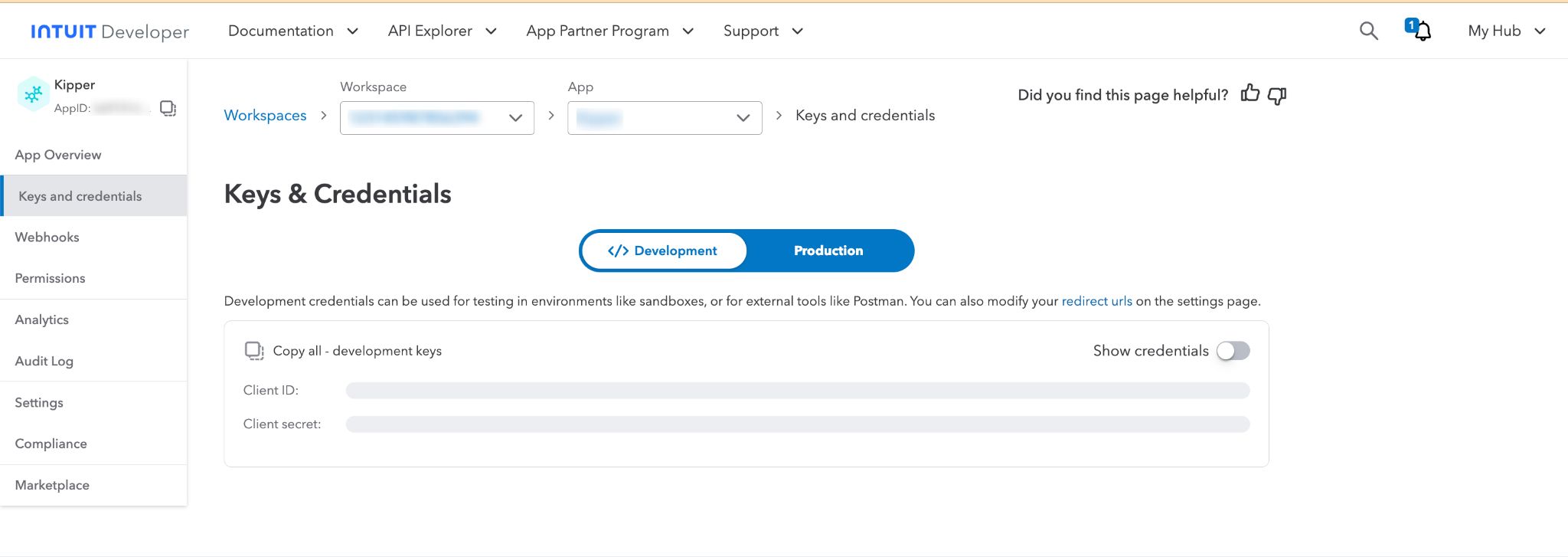 Keys and Credentials page, Development tab selected, masked Client ID and Secret