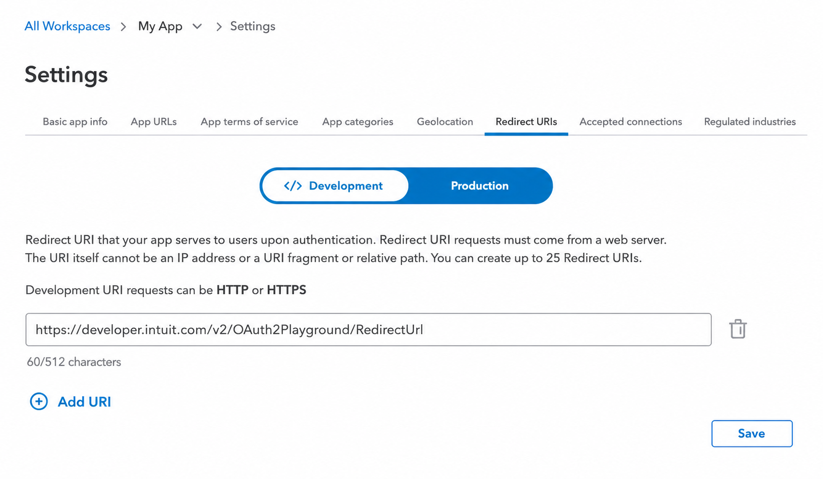 Settings, Redirect URIs tab, with the OAuth Playground redirect URL registered