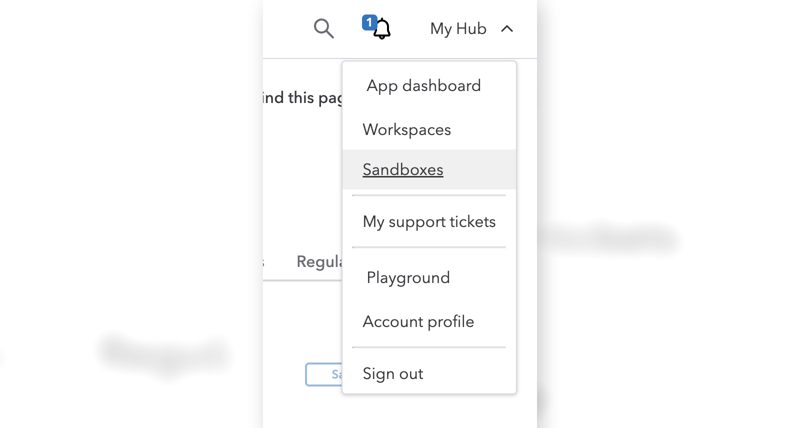 My Hub dropdown menu with Sandboxes highlighted