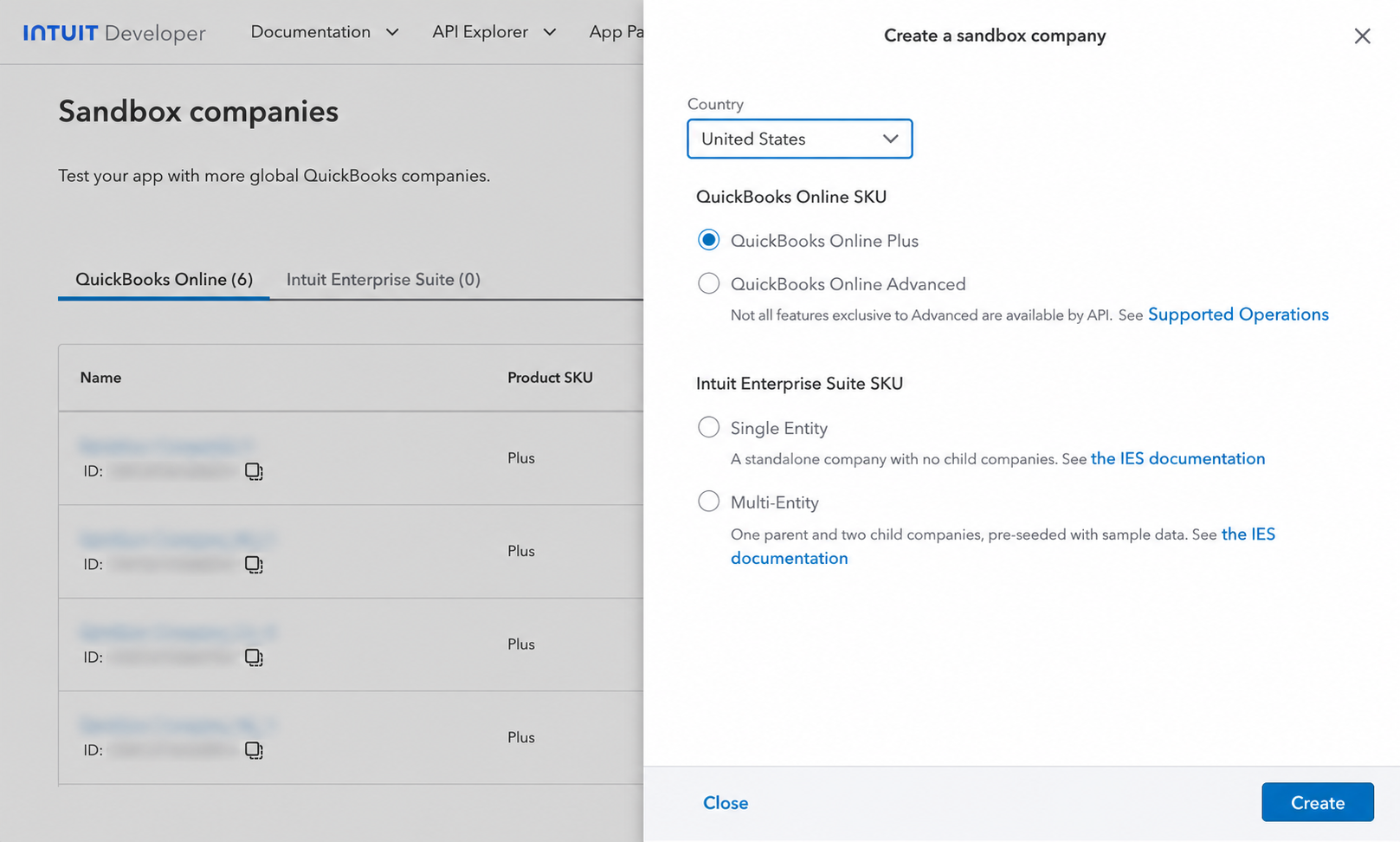 Create a sandbox company panel with country and QuickBooks Online SKU options