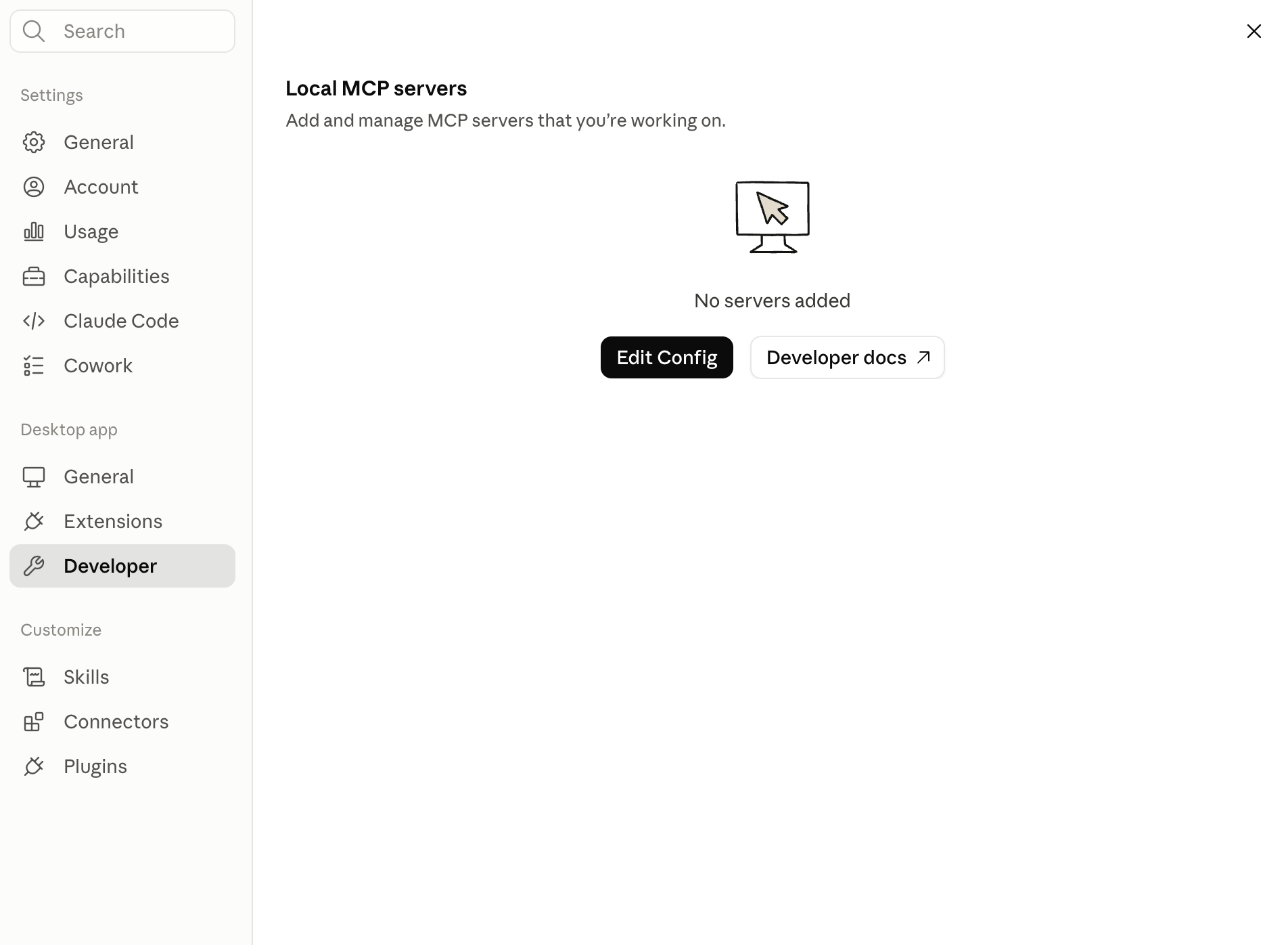 Claude Desktop Settings, Developer tab, with the Edit Config button