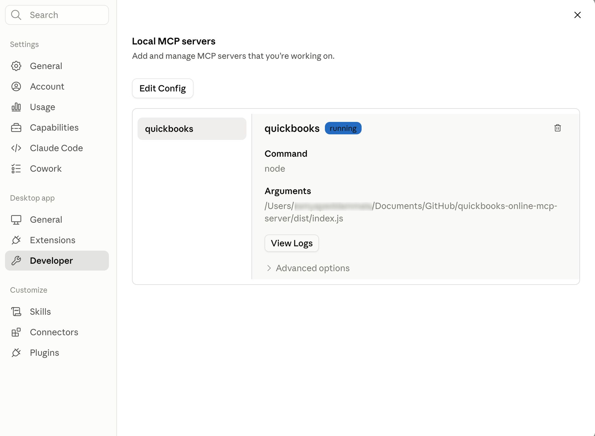 Local MCP servers list showing the quickbooks server running