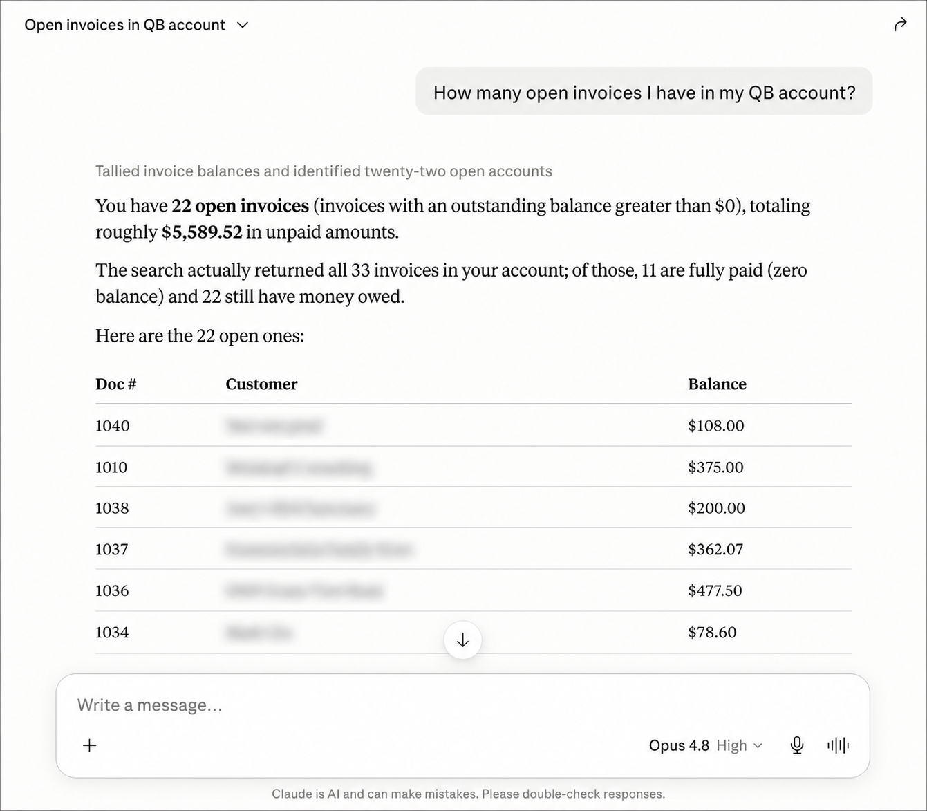 Claude answering a read-only QuickBooks query with real records