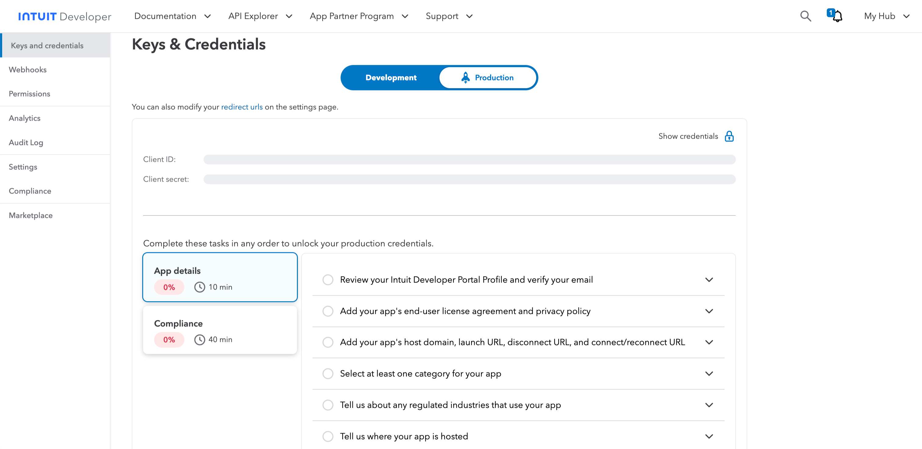 Keys and Credentials page, Production tab, checklist to unlock production credentials