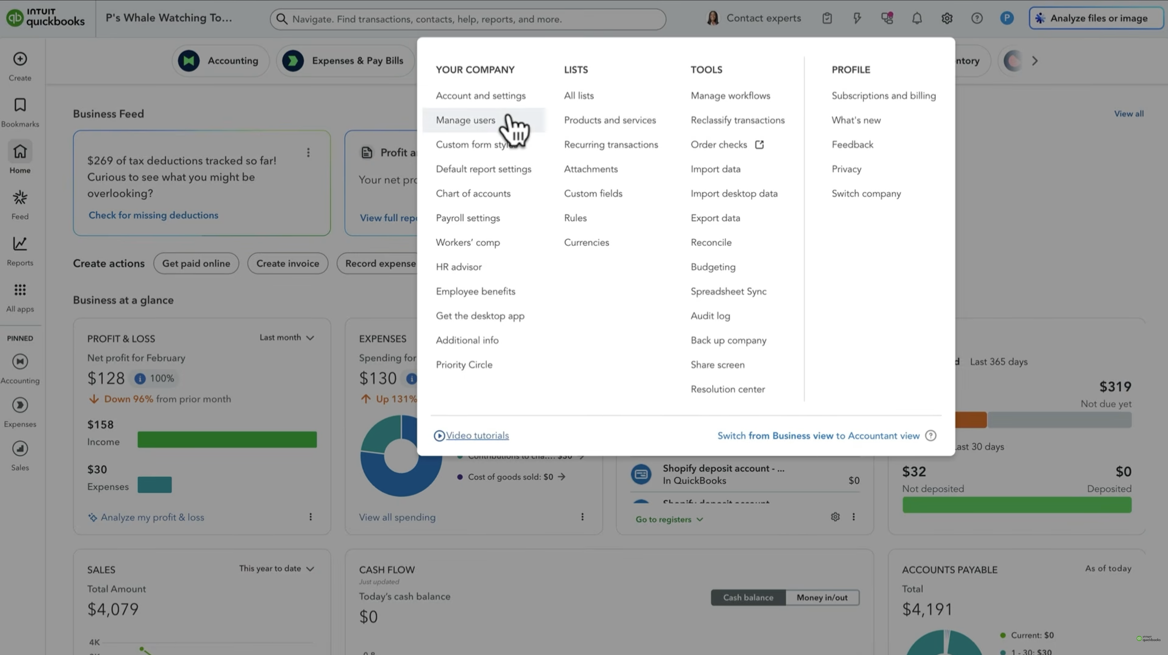 QuickBooks Online Settings gear menu open, with Manage users highlighted under Your Company