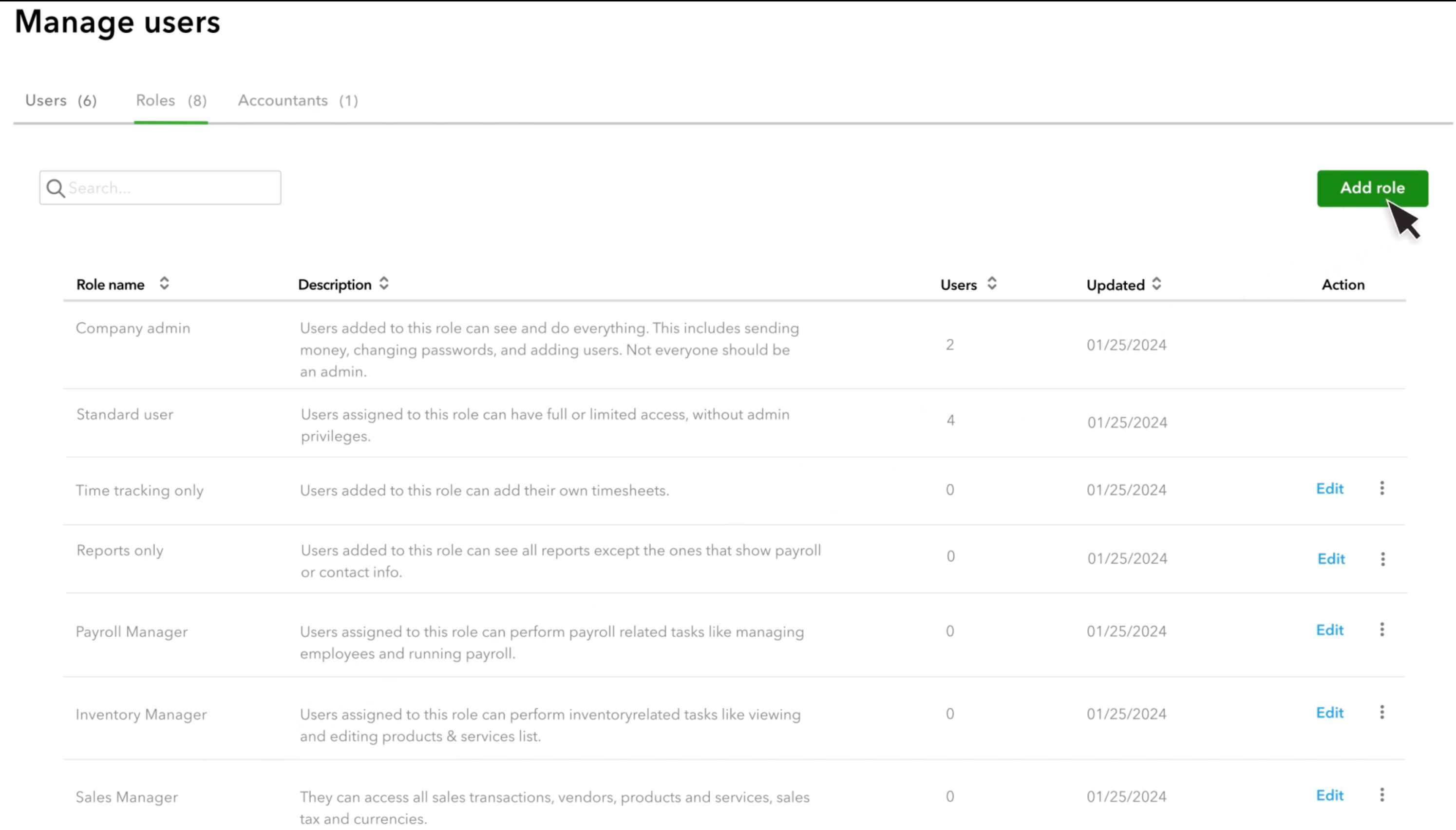 QuickBooks Online Manage users screen on the Roles tab, showing role options including Company admin, Standard user, Time tracking only, Reports only, Payroll Manager, Inventory Manager, and Sales Manager