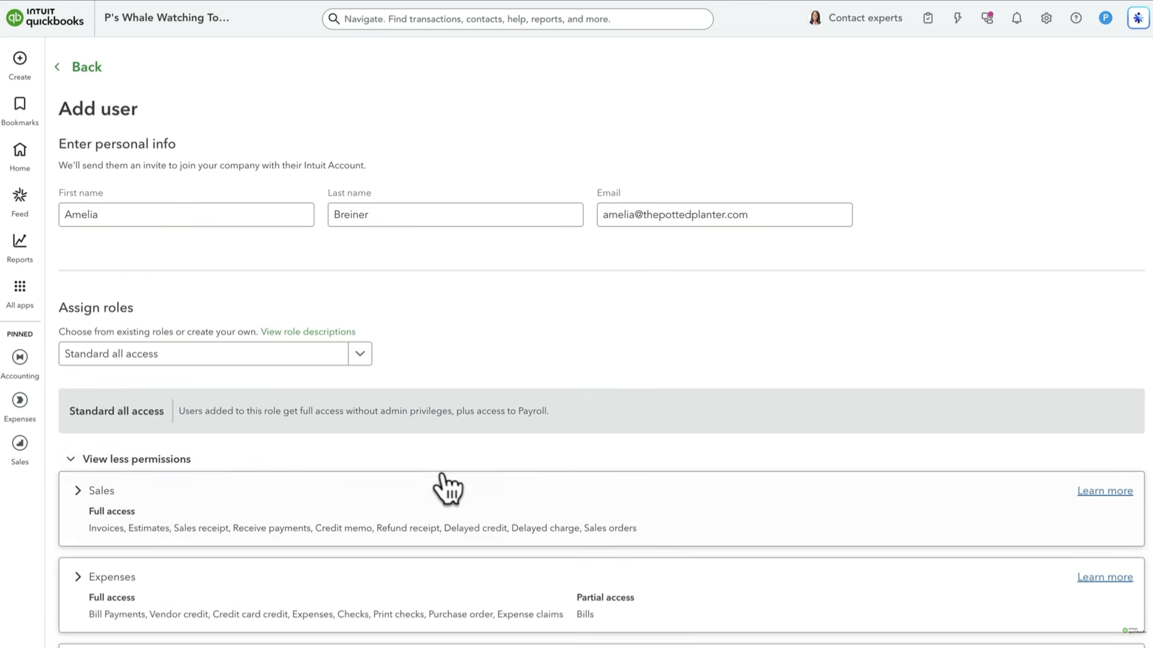 QuickBooks Online Add user screen with Standard all access selected, showing the Sales and Expenses permission breakdown