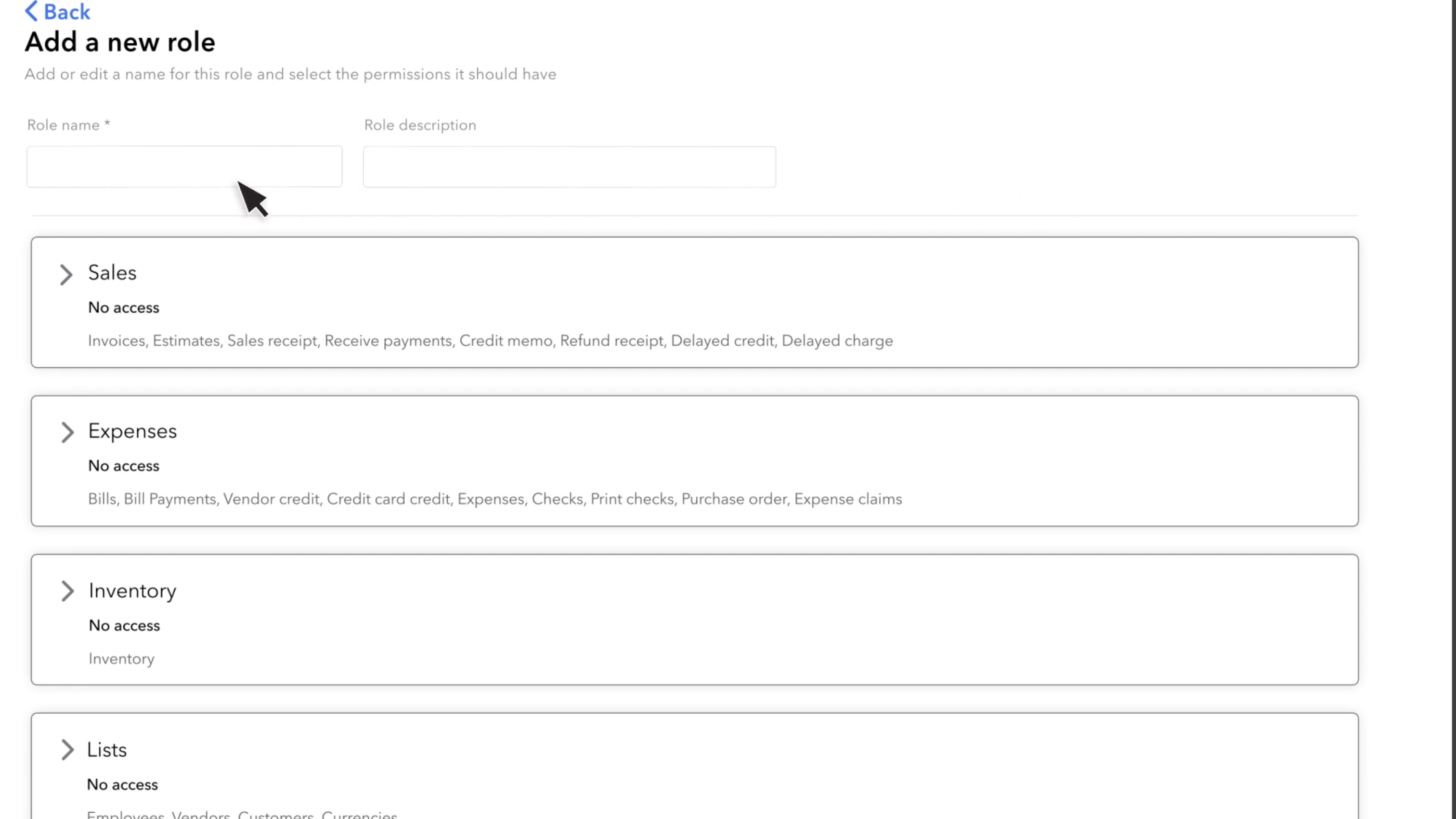 QuickBooks Online custom role builder on the Add a new role screen, showing per-module access settings for Sales, Expenses, Inventory, and Lists, each set to No access