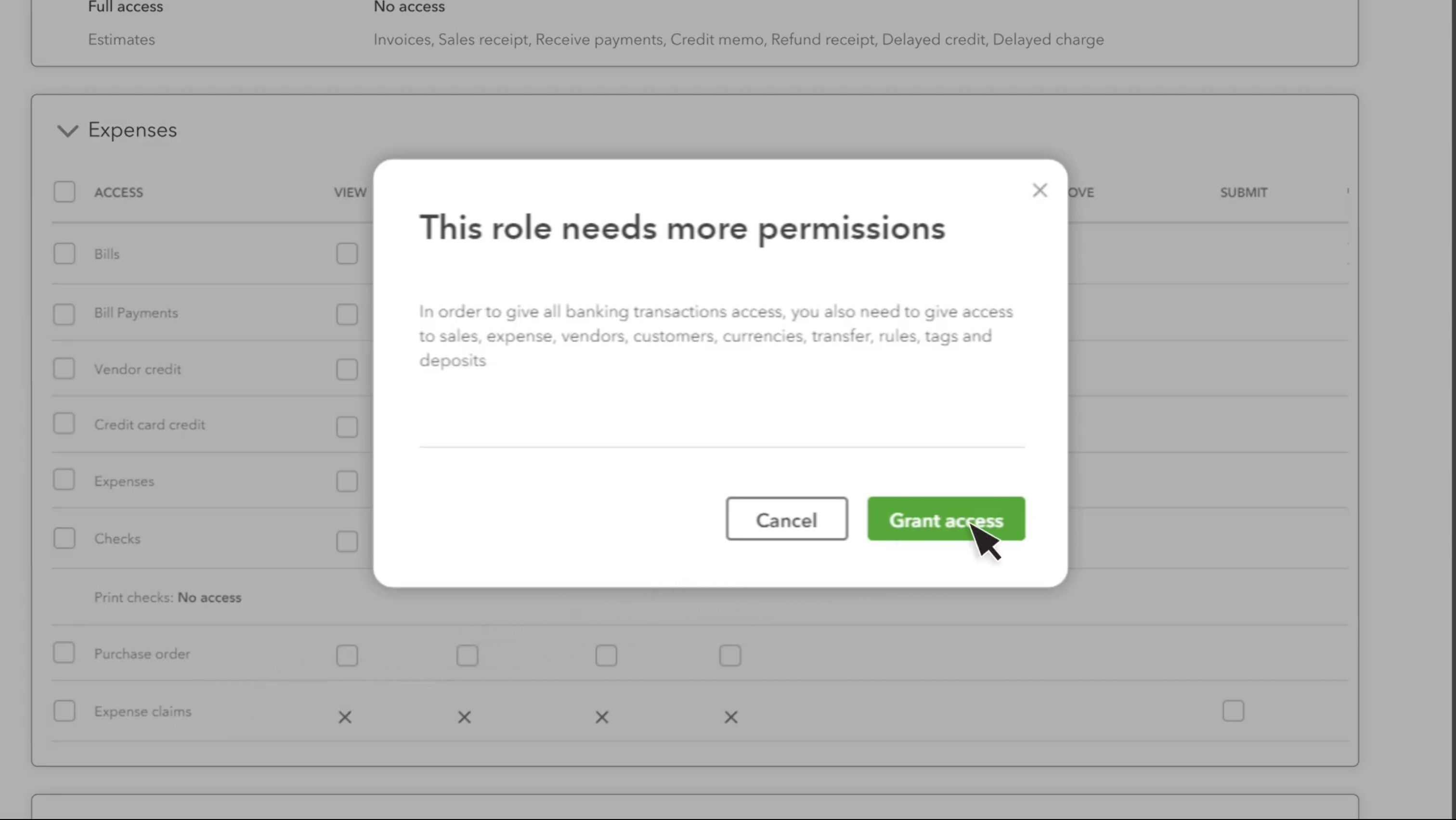 QuickBooks Online “This role needs more permissions” dialog explaining that banking transactions access also requires sales, expense, vendors, customers, currencies, transfer, rules, tags, and deposits access