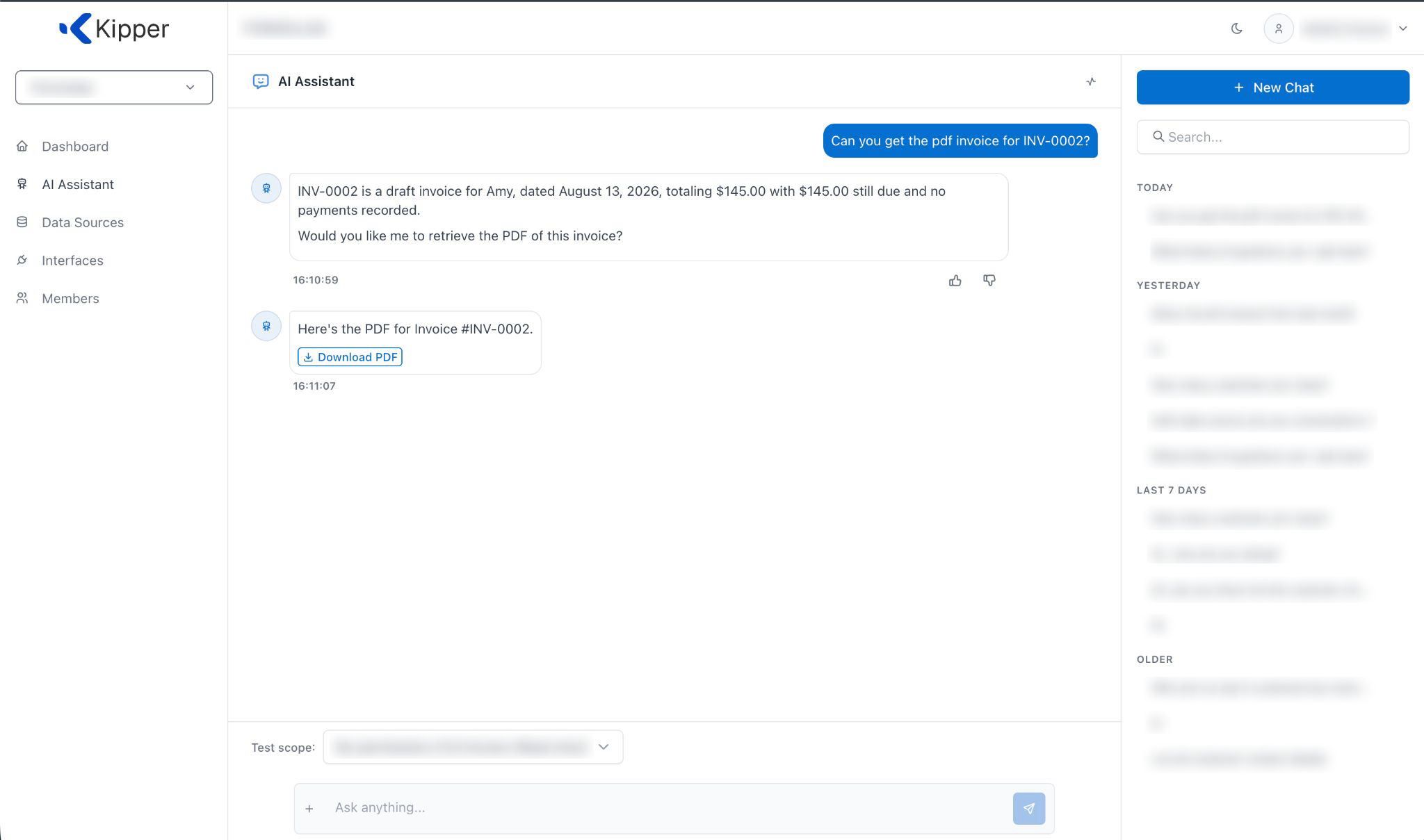 Kipper’s web chat showing the ask, the confirm step, and a Download PDF button for Invoice #INV-0002