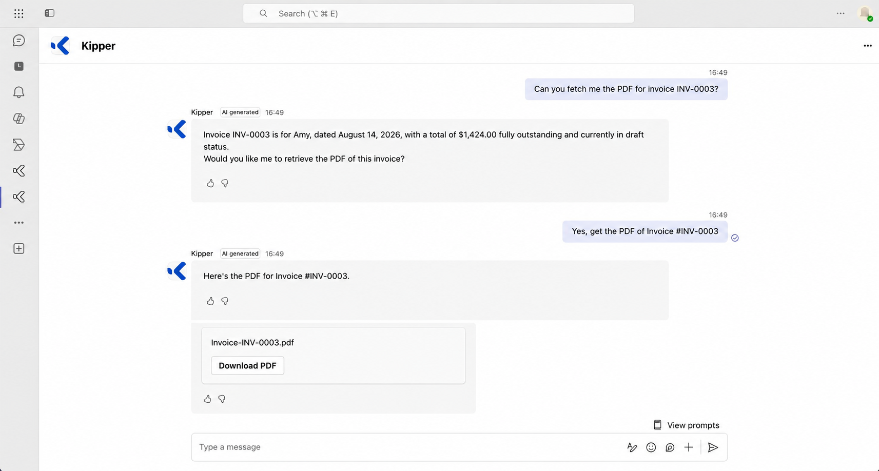 Kipper in Microsoft Teams answering an invoice question, then delivering the PDF for Invoice #INV-0003 with a Download PDF button