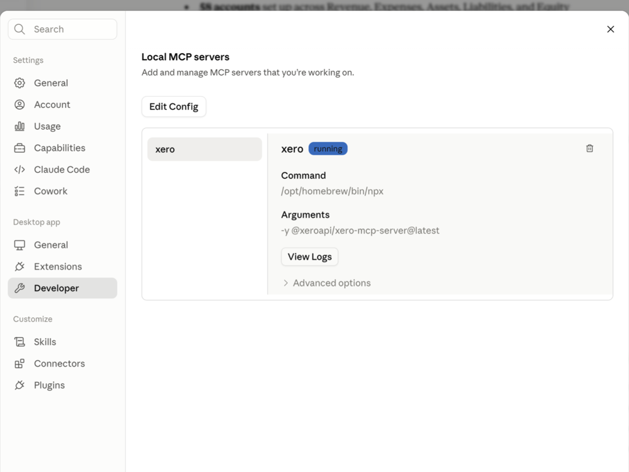 Claude Desktop Developer settings showing the xero MCP server running with the Xero package arguments.