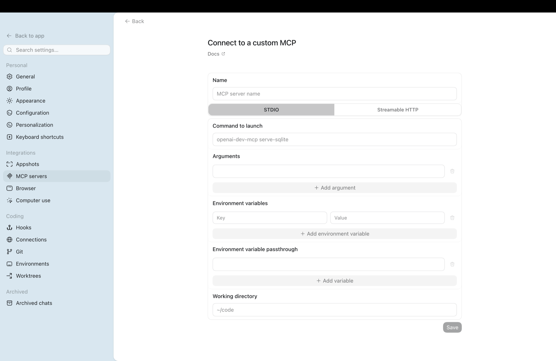 Codex custom MCP server form showing the name, command, arguments, environment variables, passthrough, and working directory fields.