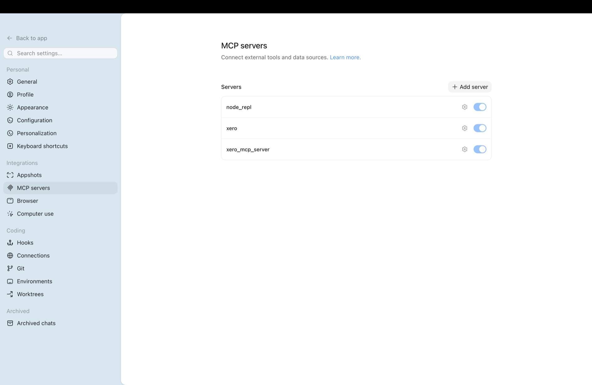 Codex MCP servers settings in light theme showing the xero server enabled.