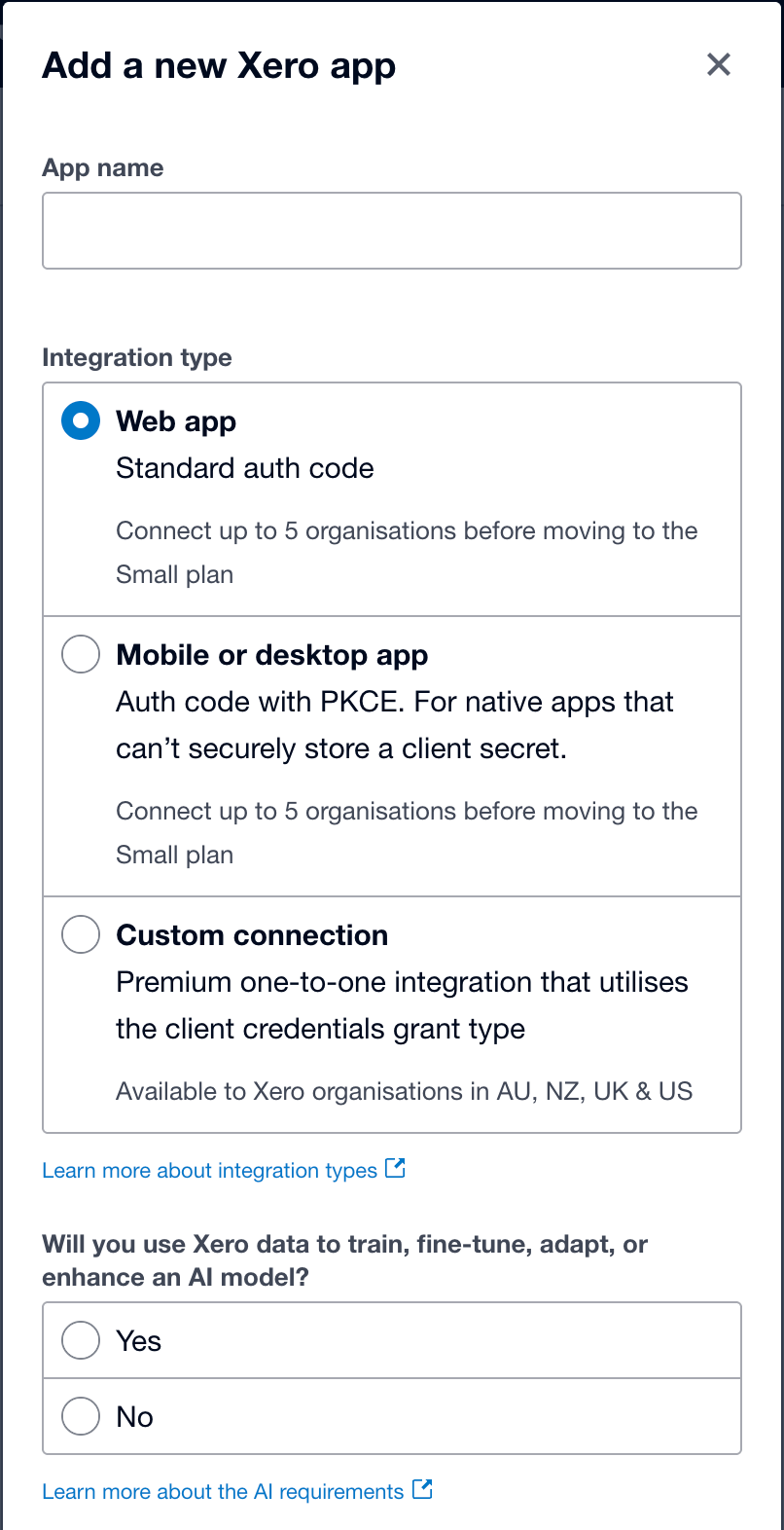 Xero OAuth app setup option selected in the Add a new Xero app modal.