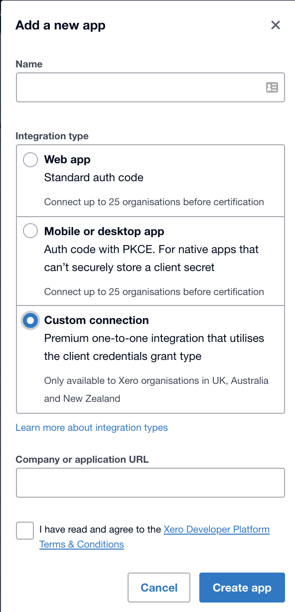 Xero Custom connection setup option selected in the Add a new app modal.