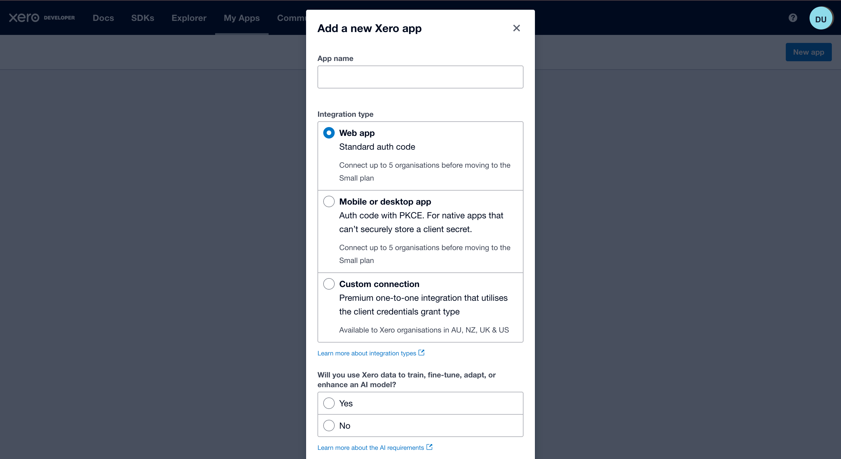 Xero new app form showing the Custom Connection integration option.