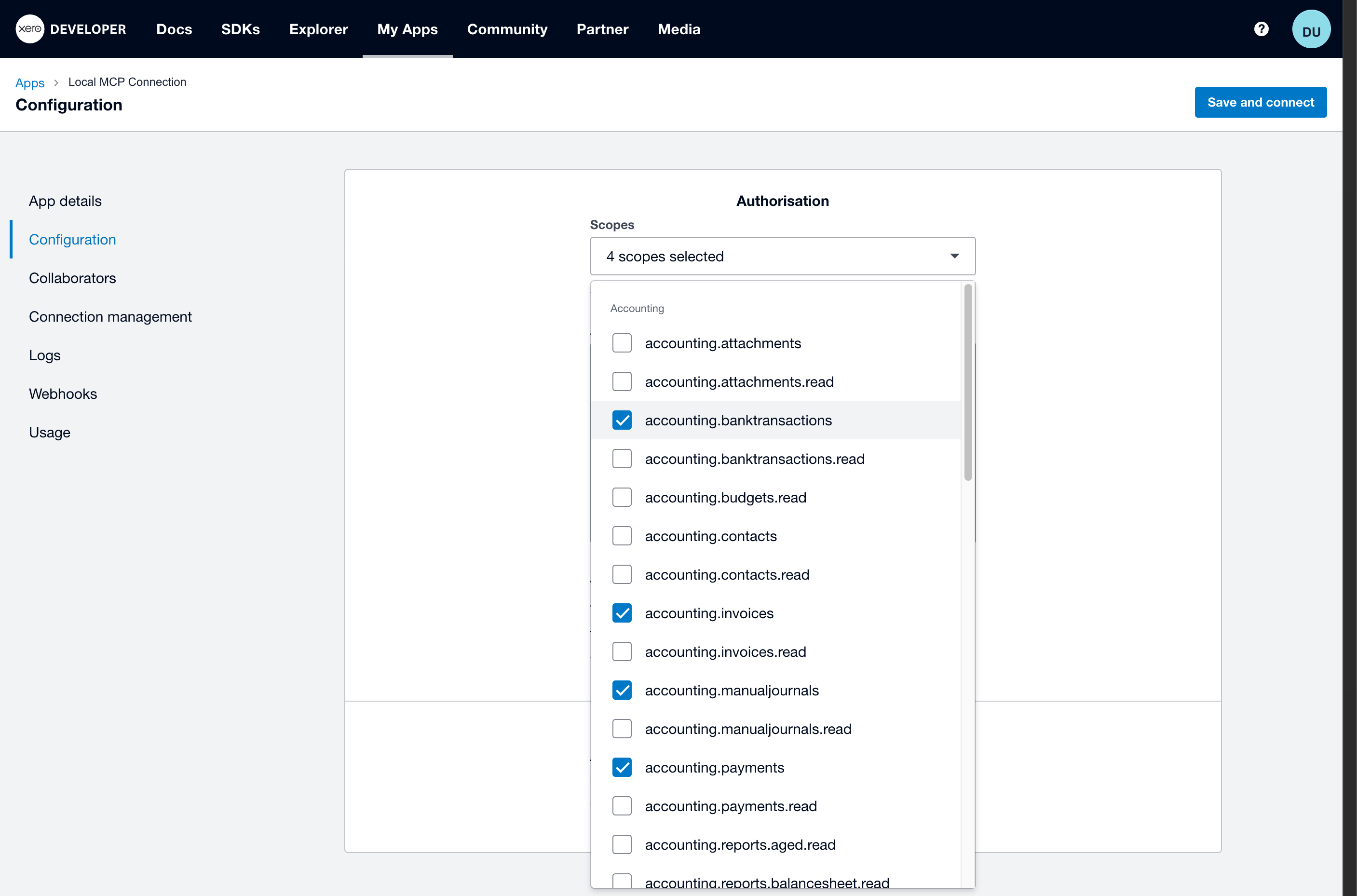 Xero Custom Connection scope configuration page for a local Xero MCP server.
