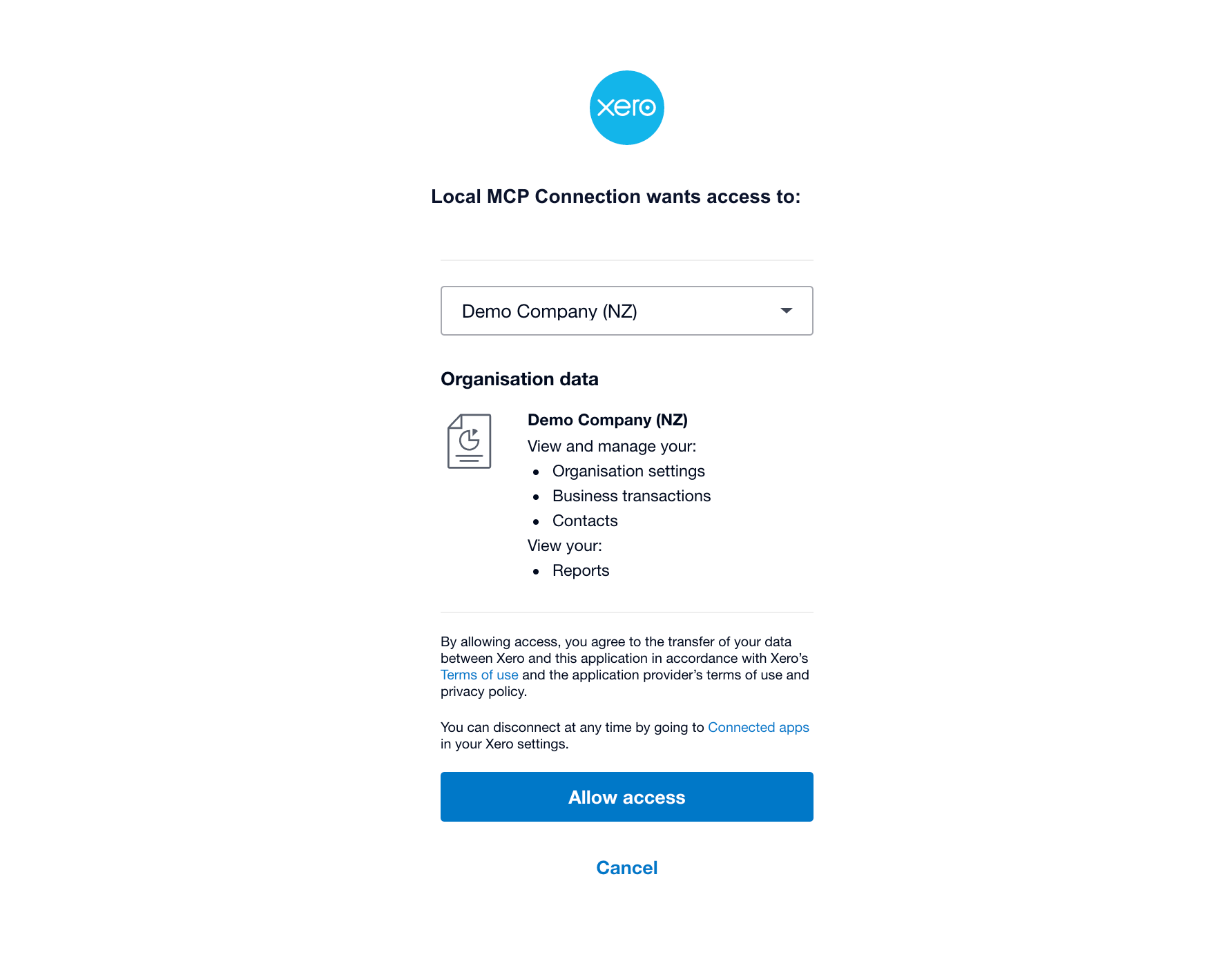 Xero authorisation screen for connecting the Demo Company to a Custom Connection.