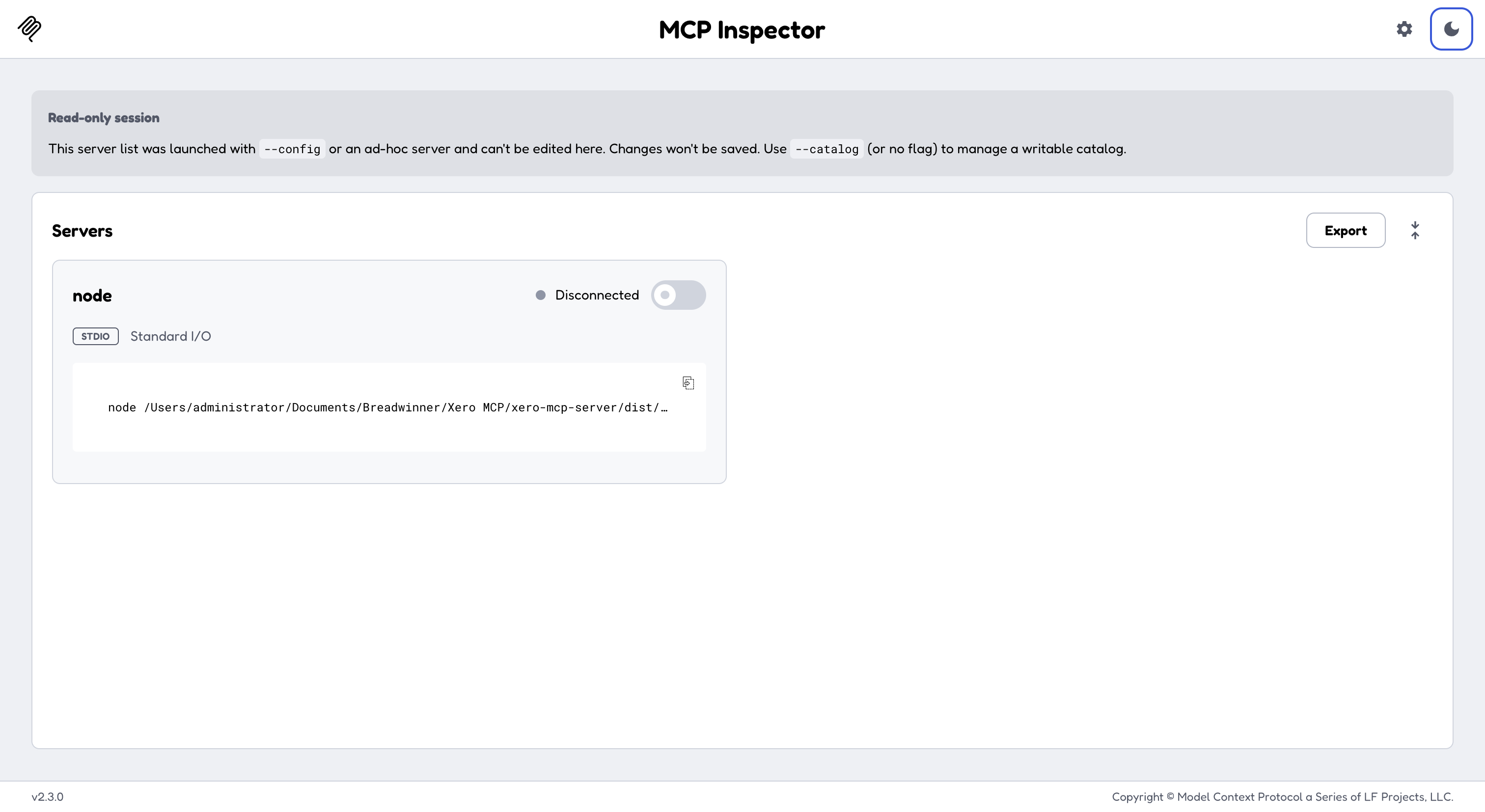MCP Inspector browser page listing the local Xero MCP node server over STDIO in a disconnected state.