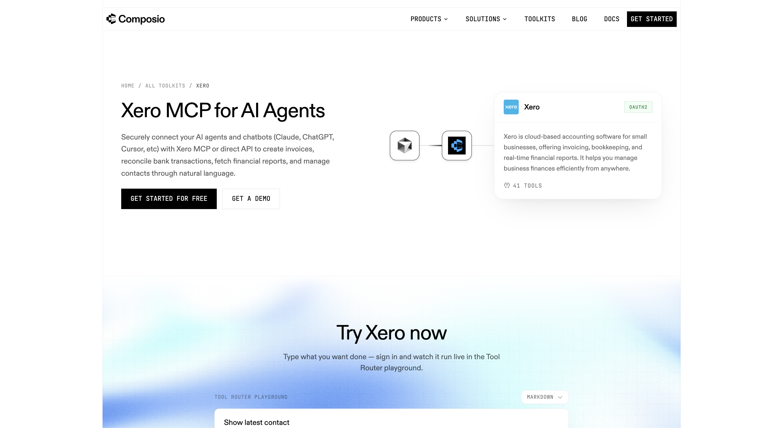Composio Xero toolkit page for AI agents and MCP-style access