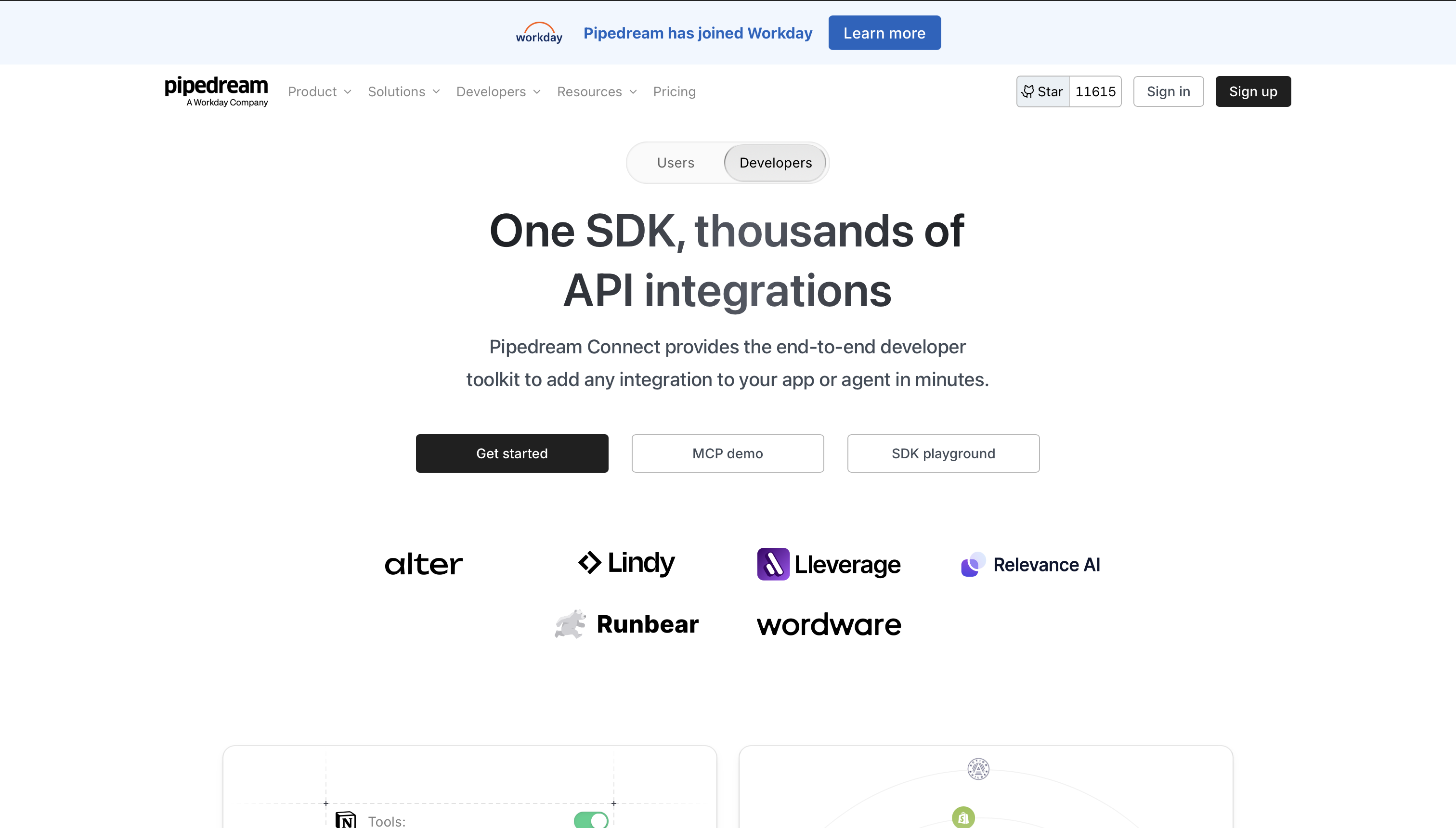 Pipedream Connect page for embedded integrations and MCP access
