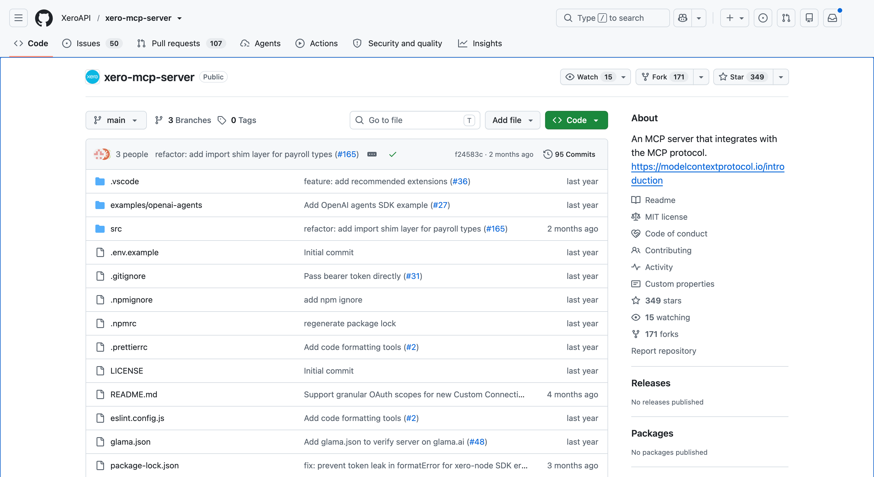 XeroAPI xero-mcp-server GitHub page showing the official Xero MCP server repository