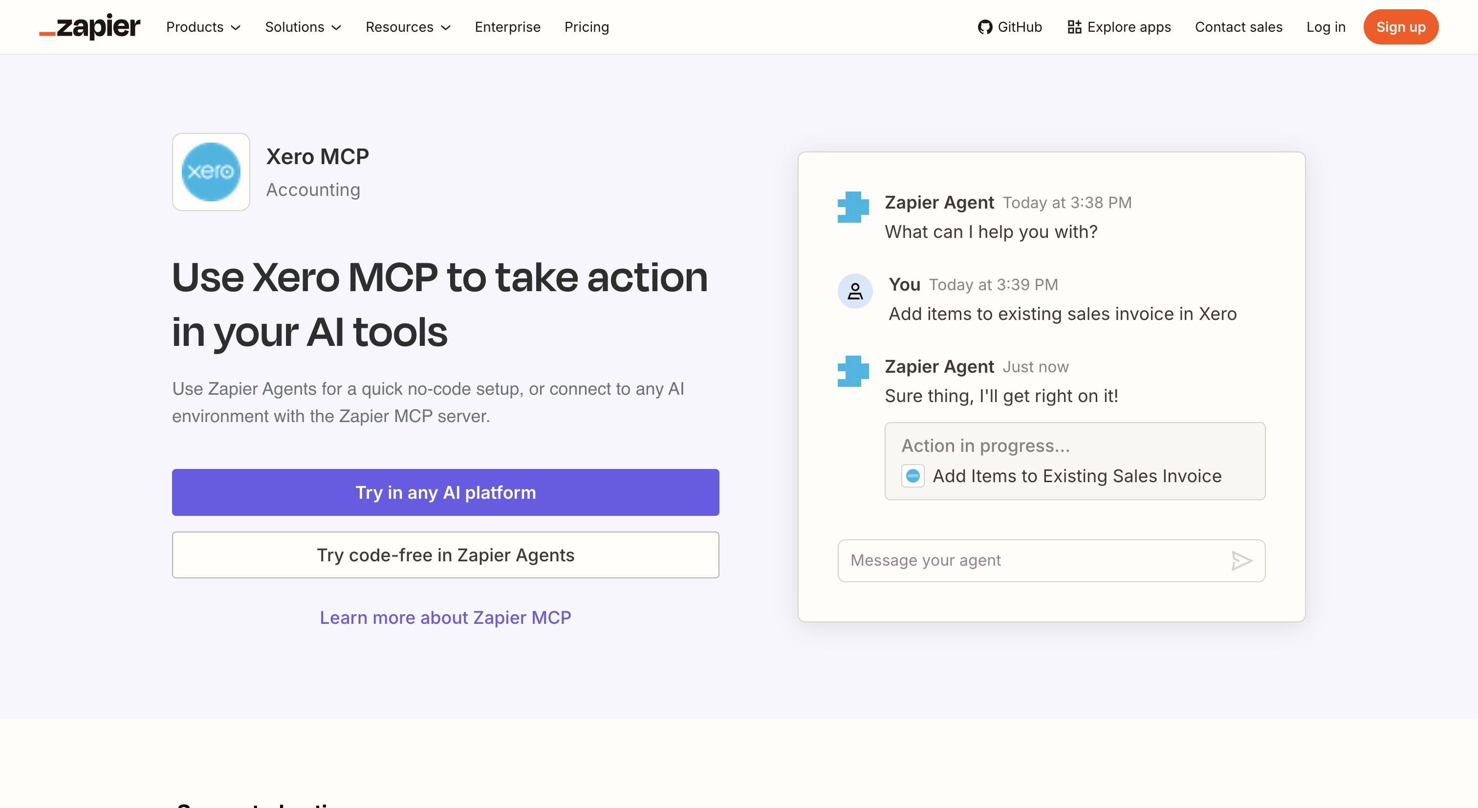 Zapier Xero MCP page showing Xero actions available through Zapier