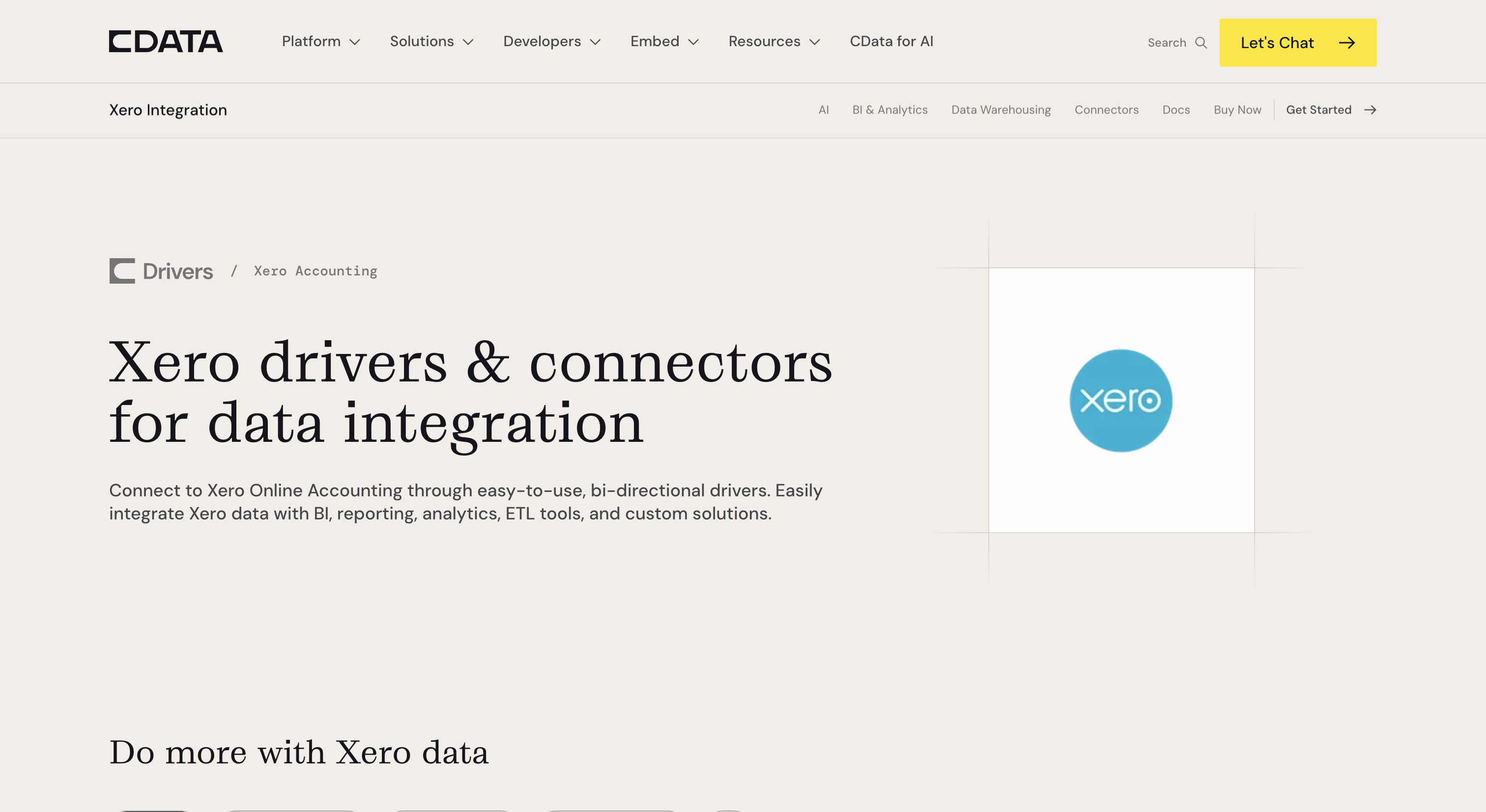 CData Xero drivers and connectors page showing Xero connectivity options