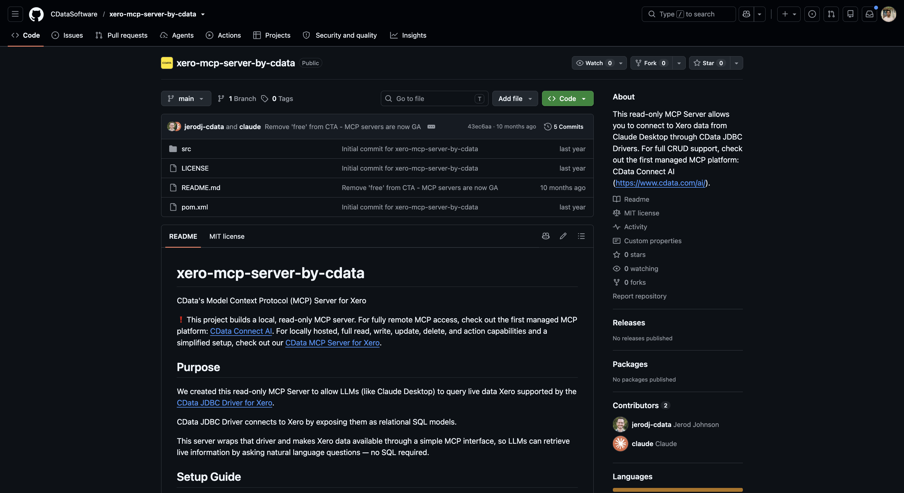 CDataSoftware xero-mcp-server-by-cdata GitHub page showing the open-source CData Xero MCP server