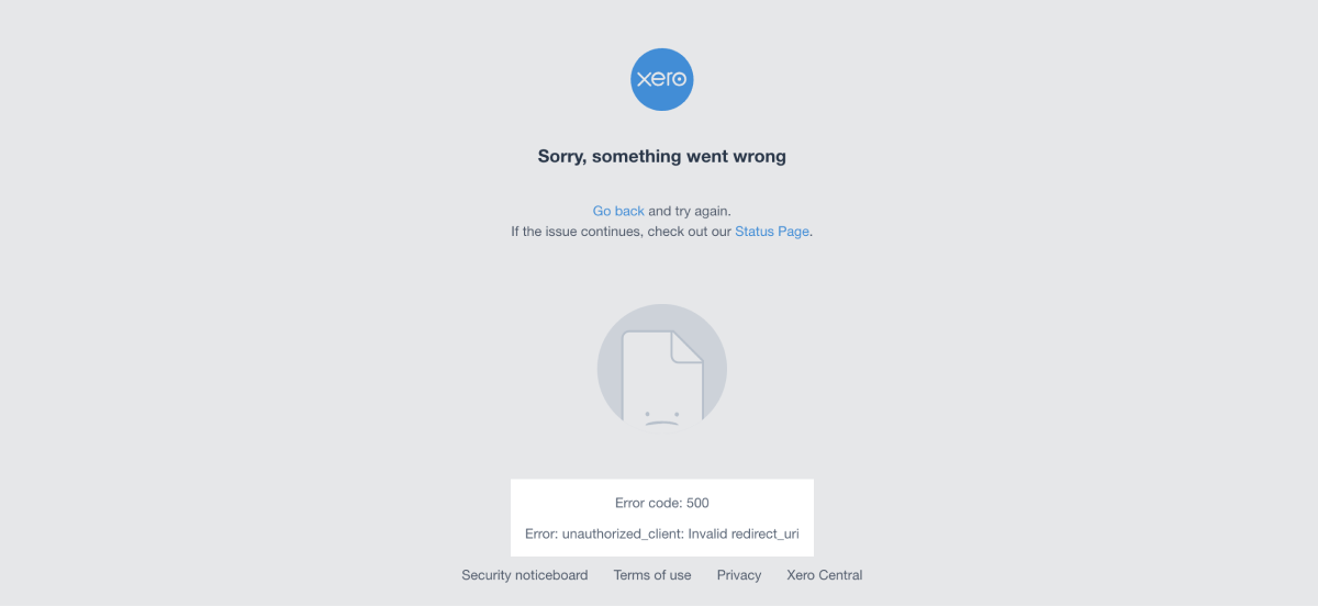 Xero authorisation error page showing Error: unauthorized_client with the detail Invalid scope for client.